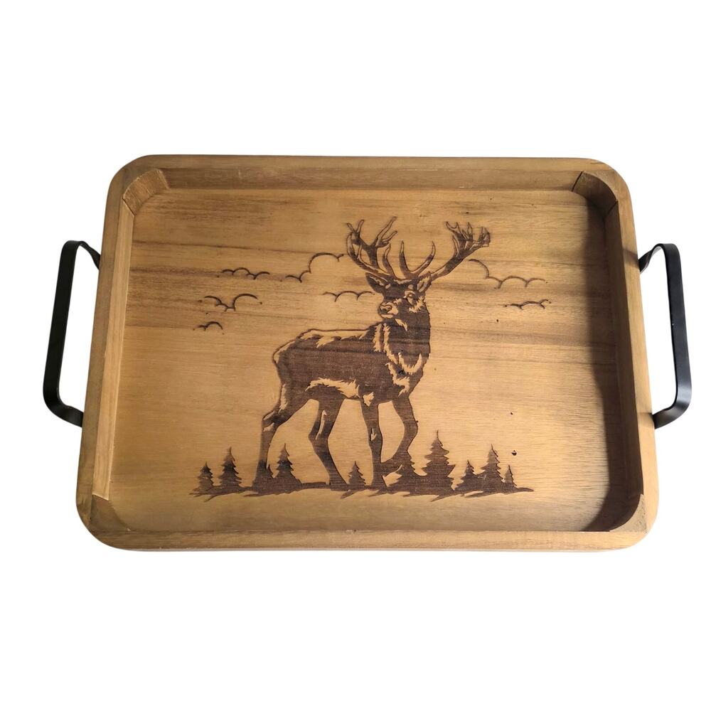 Bass Pro Shops Wooden Tray w/Deer Design Metal Handles 15 1/2"x11 1/2"